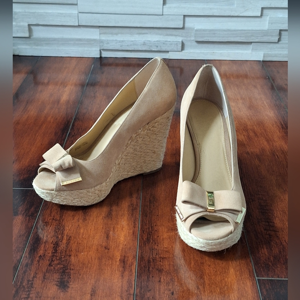 Michael Kors Meg Wedge Espadrille Heels Size 8 Nude Bow Peep Toe